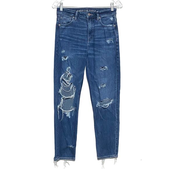 American Eagle Outfitters Denim - American Eagle Strigid Mom Jeans Distressed Denim Floral Rips Womens 2R Stretch